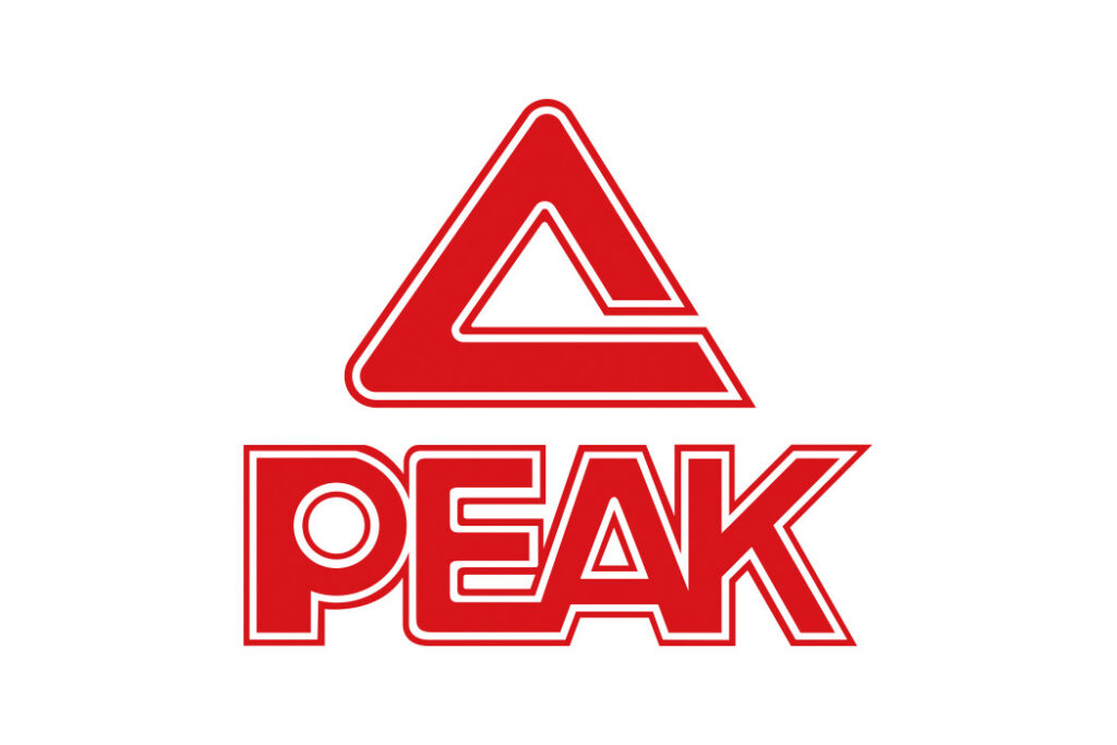 PEAK brand logo in bold red uppercase letters.